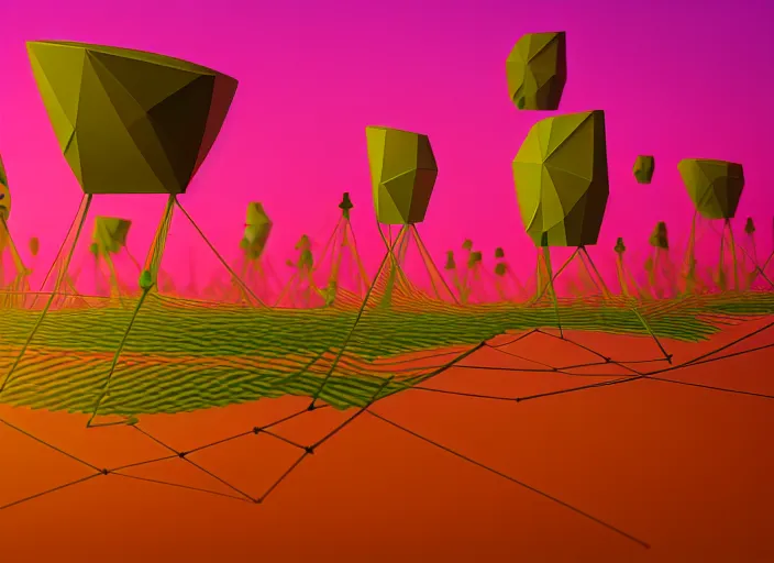 Image similar to meadows inspired by compression algorithms, minimalism, alien plantlife, giant computer-circuitry structures sticking out, low-poly, ray-tracing, 4k, high-quality render, trending on artstation