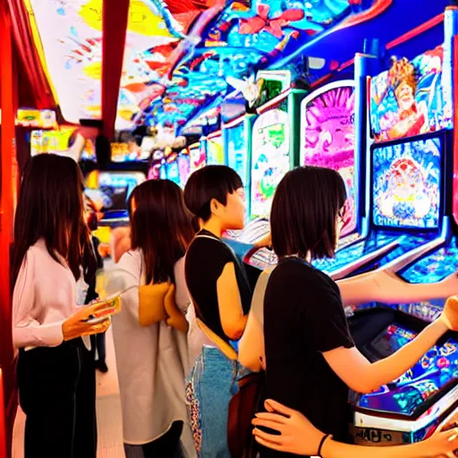 Prompt: a bunch of people at a japanese arcade