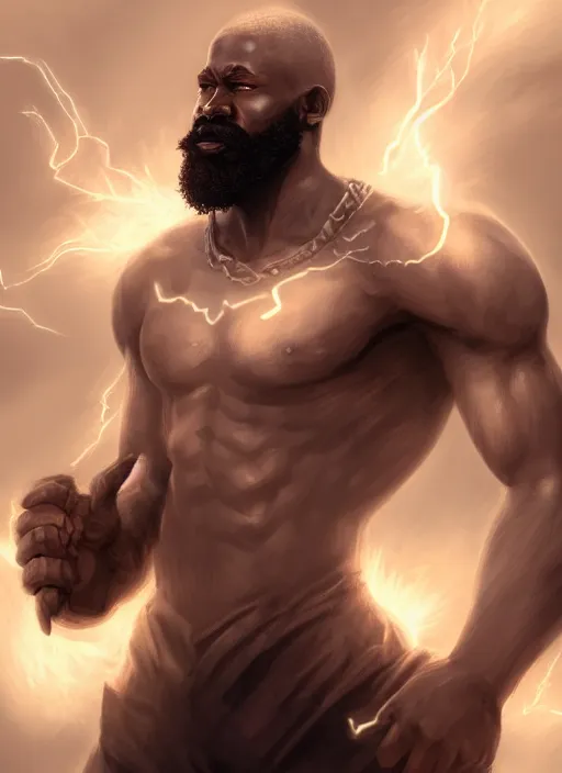 Image similar to a highly detailed illustration of bearded short fade hair african warrior god of lightning, evil summoning lightning from hands pose, moonlit clouds background, muscular, intricate, elegant, highly detailed, centered, digital painting, artstation, concept art, smooth, sharp focus, league of legends concept art, WLOP