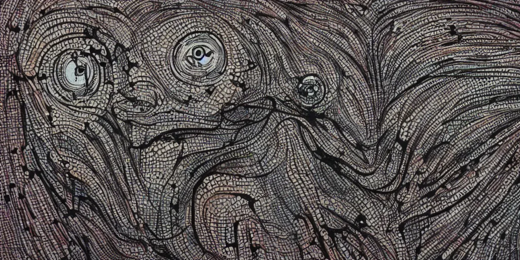 Prompt: camo of lines, technical, acrylic, teeth, eerie, tribal, clay, dots, lines, stipple, points, grid, cybernetic, old painting, swirly eyes, hypnosis