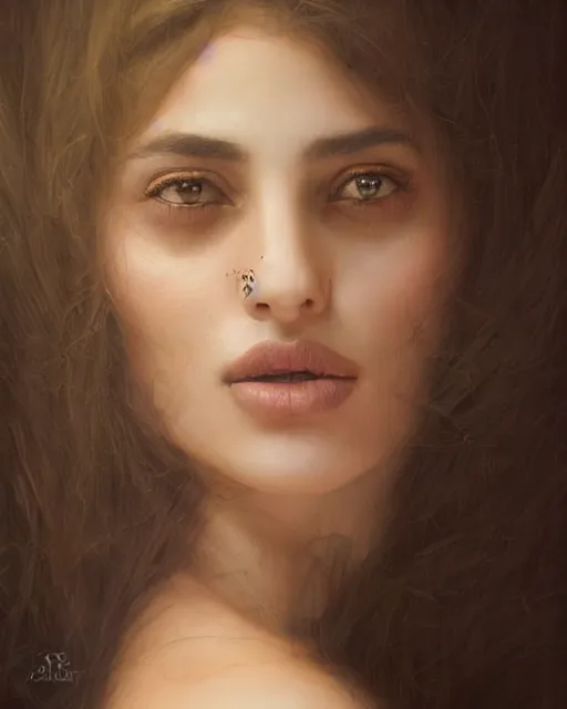 Image similar to a highly realistic, true to life portrait of a beautiful young middle eastern girl, soft focus, from the waist up, with sharp features, a beautiful face, soft smile, under studio lighting, taken with a canon eos camera with 1 3 5 mm focal length, art by karol bak, james jean, tom bagshaw, trending on artstation,