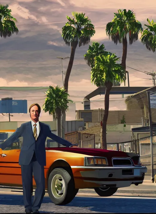 Prompt: saul goodman from better call saul in gta v los santos in background, palm trees. in the art style of stephen bliss.