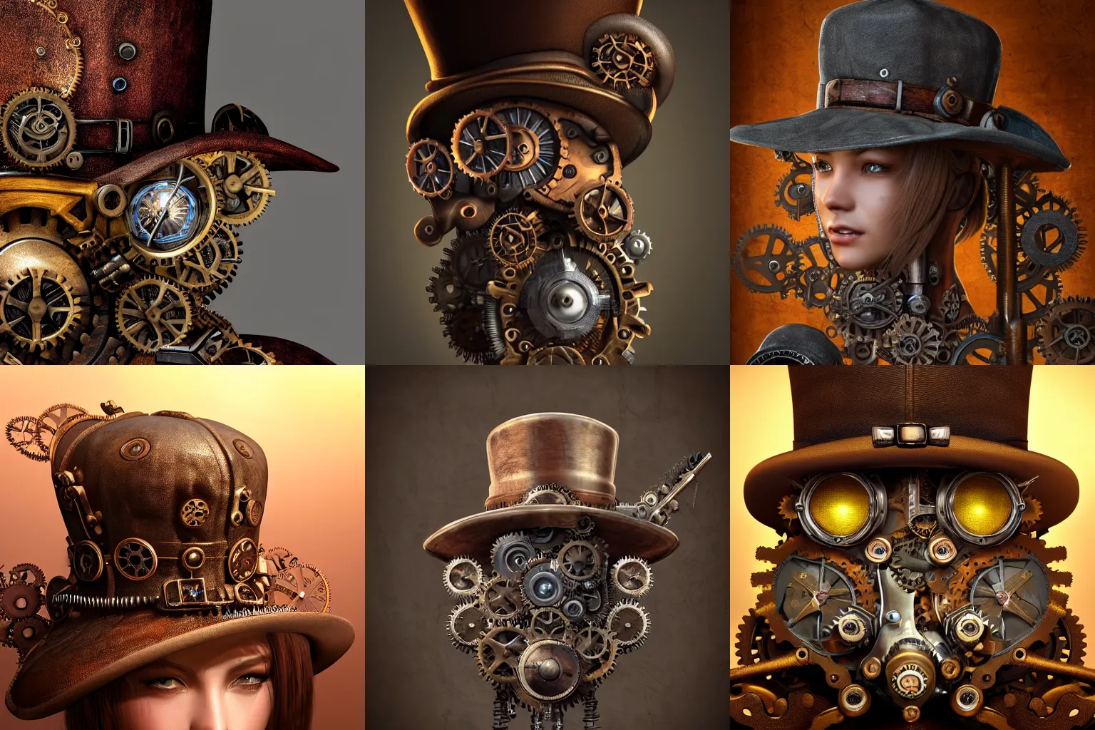 Prompt: Hyper realistic ultra-detailed portrait of steampunk hat with gears, fantasy style, octane render, volumetric lighting, 8k high definition, highly detailed, trending on art station,