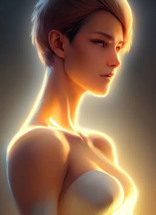 Image similar to digital character concept art by artgerm and greg rutkowski and sylvain sarraih. clear portrait of a shy modern wife blessed by god to grow immaculately fertile and perfect!! blonde, in clothes! holy body! light effect. hyper detailed, glowing lights!! intricate, elegant, digital painting, artstation, smooth, sharp focus