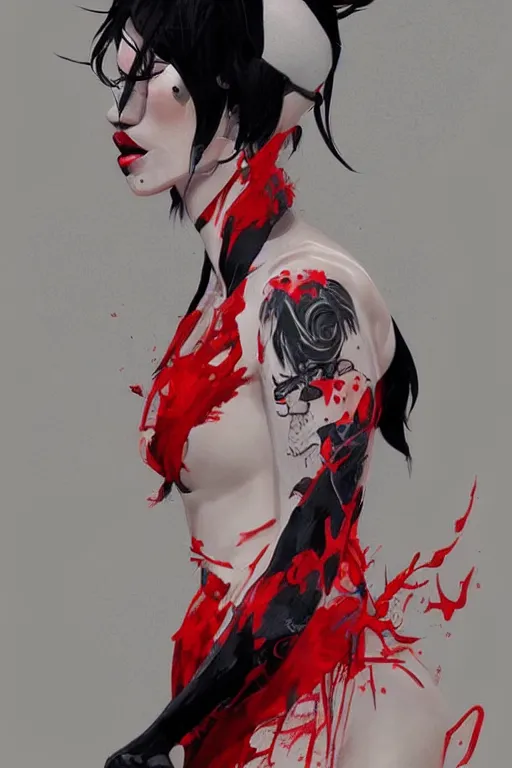 Image similar to a ultradetailed beautiful painting of a stylish female businesswoman, red tattoos, by conrad roset, red and black, greg rutkowski and makoto shinkai trending on artstation