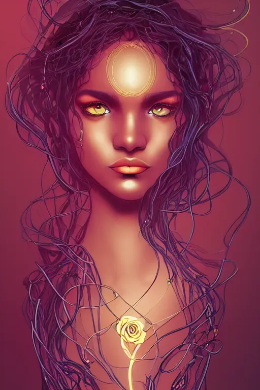 Image similar to 👁👩🏾🌹👾, phantom, dreary, dramatic, fluid, golden ratio, artstation, moebius + loish, hd, long vines,