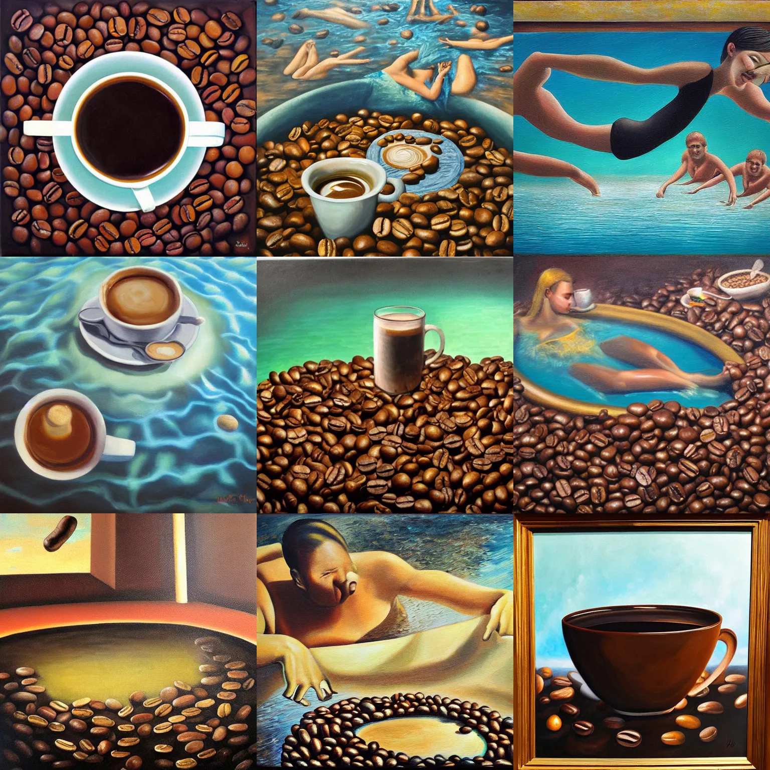 Prompt: Swimming in a pool of coffee, surrealist oil painting, dark water, coffee beans,