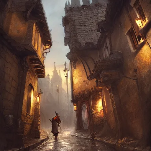 Prompt: streets of a medieval town, street leading to a fantasy castle, dramatic lighting, city background, chiaroscuro, high detail, painted by greg rutkowski, painted by igor kieryluk, painted by bobby chiu, trending on artstation