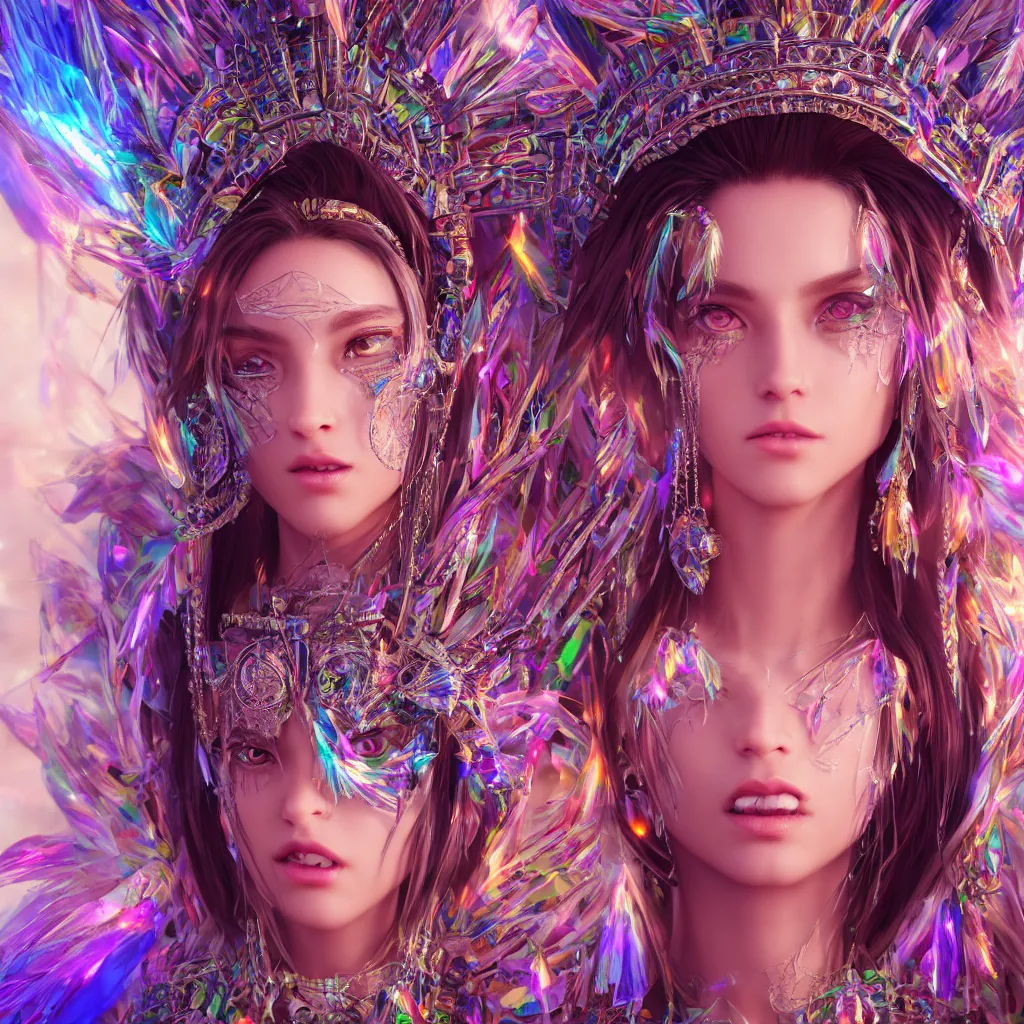 Image similar to close up face portrait highly detailed beautiful symmetrical face high priestess intricate elegant detailed crystal jewellery with tribal feathers, lush colourful volumetric lighting, anime digital painting, concept art, smooth, sharp focus 3 d, divine realm of gods, realistic cinematic style, octane render, photographic, unreal engine 8 k