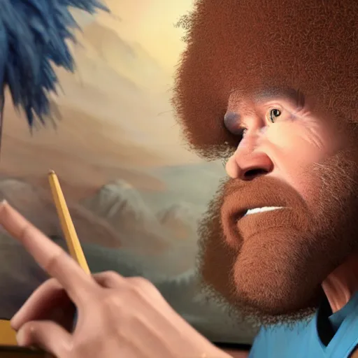 Prompt: a closeup photorealistic photograph of bob ross working on a canvas painting sonic the hedgehog. film still. brightly lit scene. mountain scape. this 4 k hd image is trending on artstation, featured on behance, well - rendered, extra crisp, features intricate detail, epic composition and the style of unreal engine.