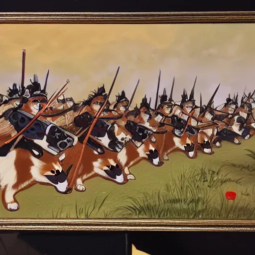 Prompt: oil painting on matte canvas of corgi samurais preparing for battle