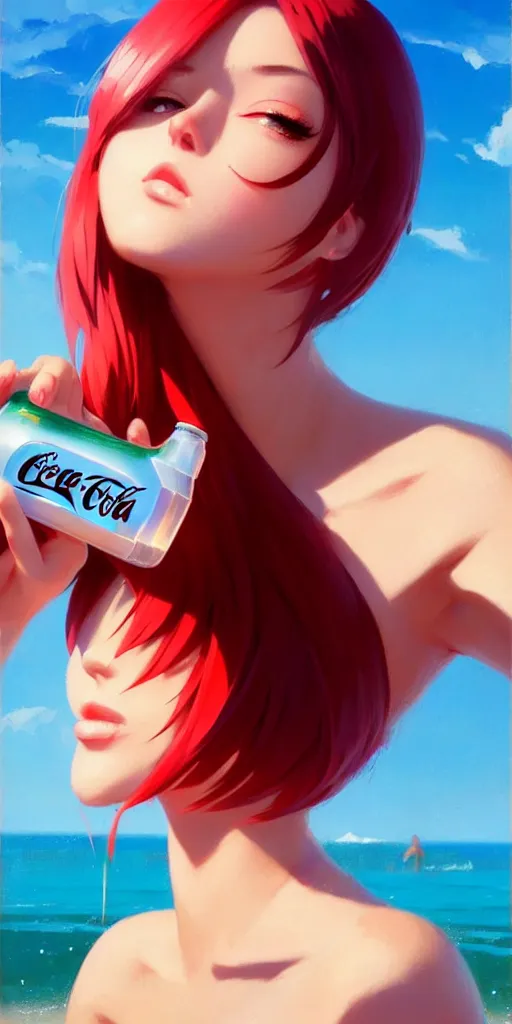 Image similar to full body picture of a girl drinking a coke, highly detailed face, very thirsty, dripping on the body, sharp focus, shiny day beach, extremely beautiful and cute and aesthetic face and body, specular reflection, occlusion shadow, trending on artstation, epic light novel cover art, art by ilya kuvshinov and sakimichan and jeremy lipking