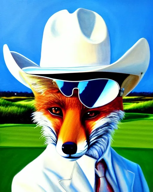 Prompt: close up painting portrait of a fox animal wearing a white suit, white cowboy hat, and reflective sunglasses, fox animal, highly detailed, global illumination, golf course in background, reflective aviator sunglasses, painting,