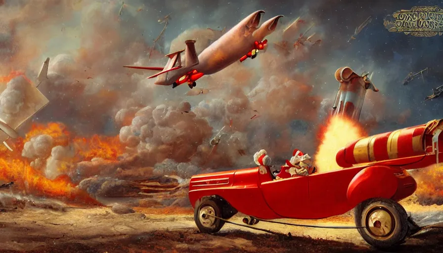 Image similar to santa claus sleigh being shot down by a surface to air missile, fiery explosion, matte painting, hard edges, masterpiece, impressive detail