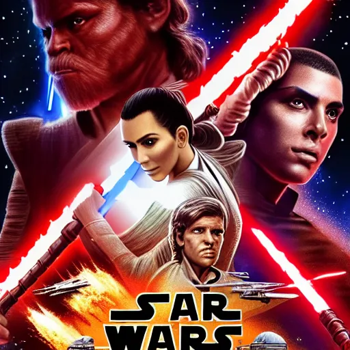 Image similar to super detailed star wars movie poster with Jesus Christ and kim kardashian, 8k full HD photo, cinematic lighting, anatomically correct, oscar award winning, action filled, correct eye placement,