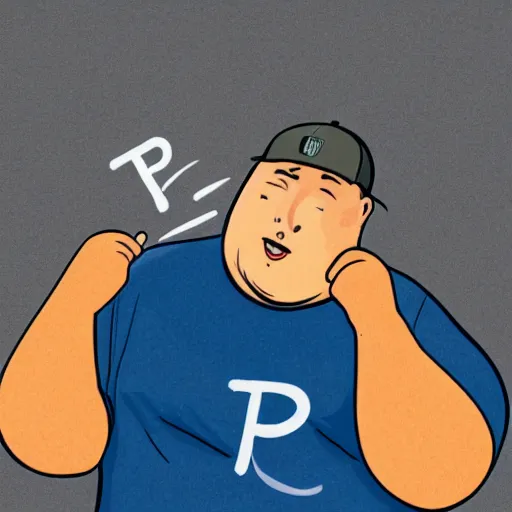 Image similar to obese young man with a t-shirt and cap with the letter P, drawing a comic