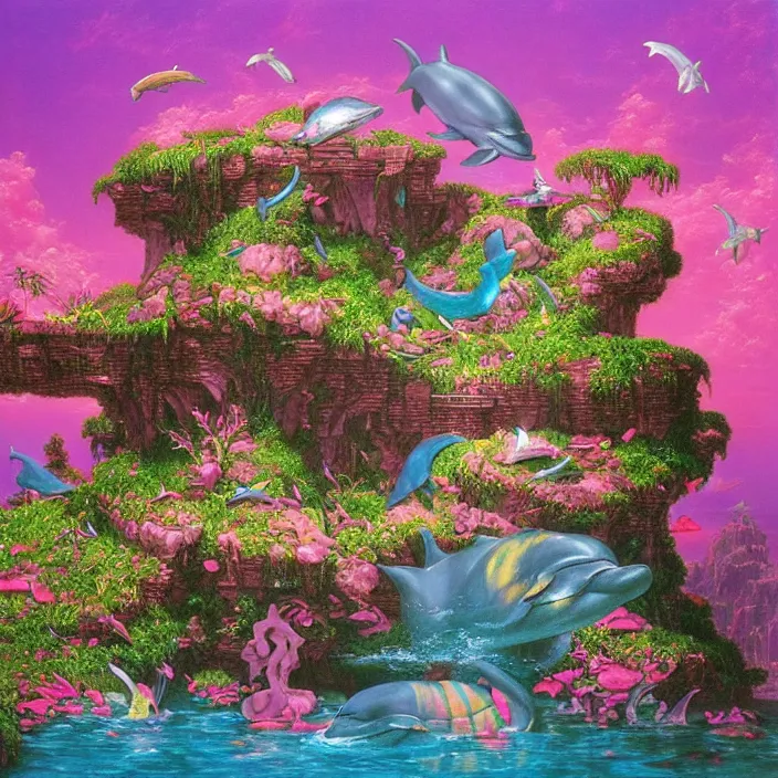 Prompt: crt monitor, sunken ruins of a pink mannequin head, tim hildebrandt, trending on artstation, highly detailed, vaporwave surreal ocean, dolphins, pool, checkerboard pattern underwater, cuastics, award winning masterpiece with incredible details, artstation, a surreal vaporwave vaporwave painting by thomas cole, flowers growing out of its head, sinking underwater, highly detailed