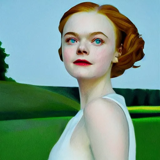 Image similar to Elle Fanning, head and shoulders masterpiece, in Alien, golden hour, in a garden, artstation, in the style of Art Deco and Edward Hopper and Bosch, extremely detailed