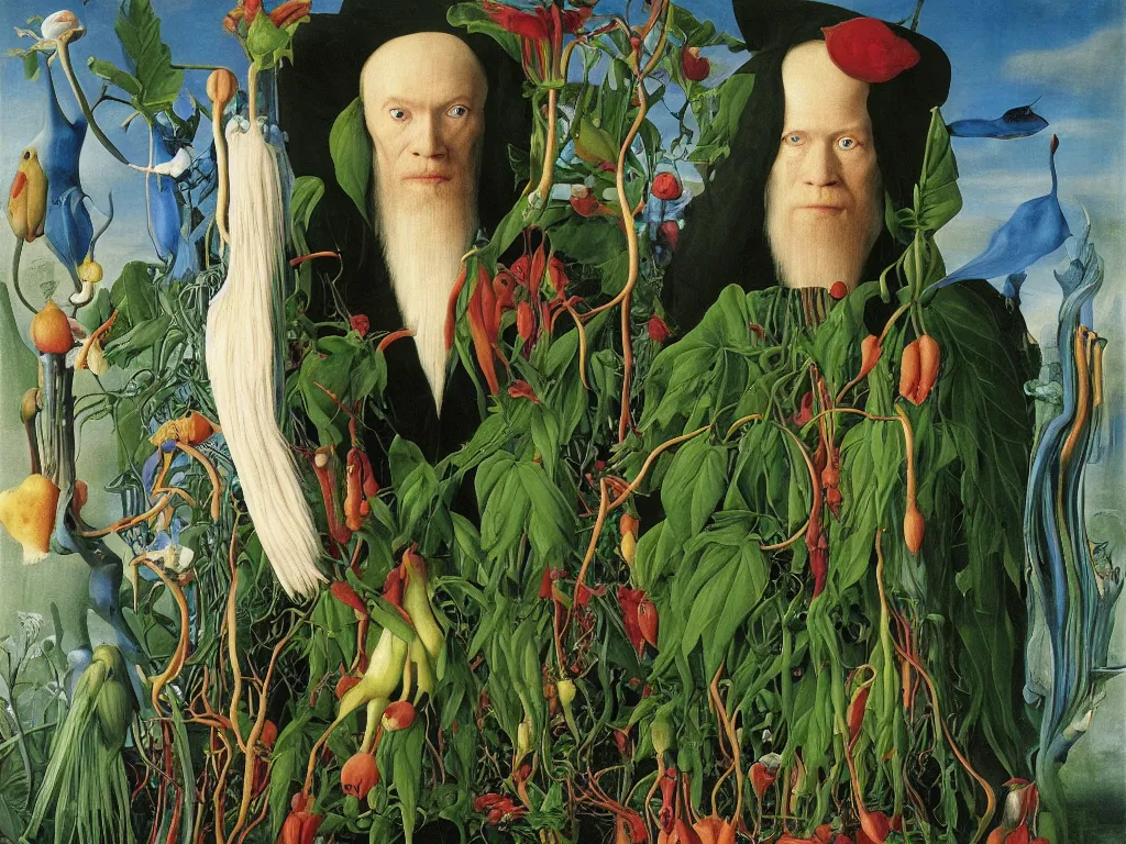 Image similar to portrait of albino mystic with blue eyes, with beautiful exotic carnivorous plant. Painting by Jan van Eyck, Audubon, Rene Magritte, Agnes Pelton, Max Ernst, Walton Ford