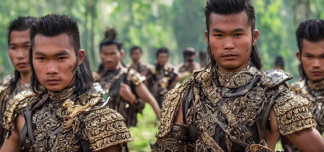 Prompt: matte close - up portrait of smart and handsome khmer warriors who assemble in the forest backlighting in crowd of battlefield, ethnic costume, leather and metal armored, traditional decoration, elegant, loin cloth, highly detailed, 8 k, cinematic lighting, global illumination, ornate, super detailed, faded color polaroid, a colorized photo, colorized, # film, movie still