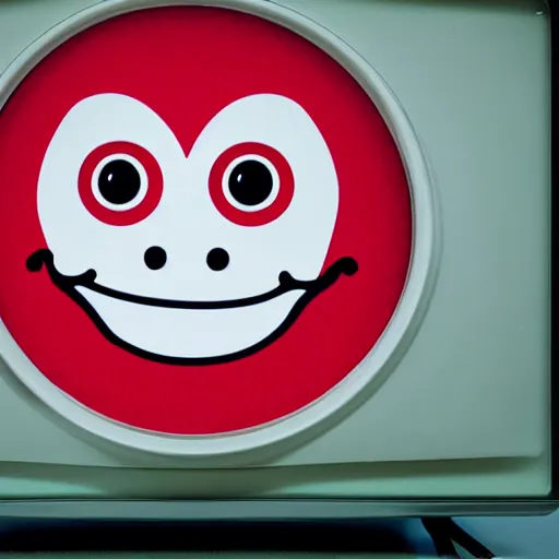 Prompt: a terrifying grinning face in the static of an old television