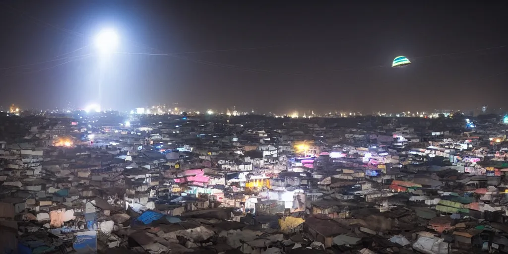 Prompt: UFO seen during night time in Ajegunle slums of lagos - beaming neon ray of light,