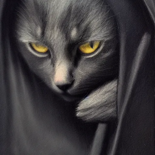 Image similar to a portrait of a kitten wearing a black hood, cloak covering face, anatomically correct, beautiful perfect face, enigmatic, oil painting, matte, black background, Volumetric dynamic lighting, Highly Detailed, Cinematic Lighting, Unreal Engine, 8k, HD, by Beksinski