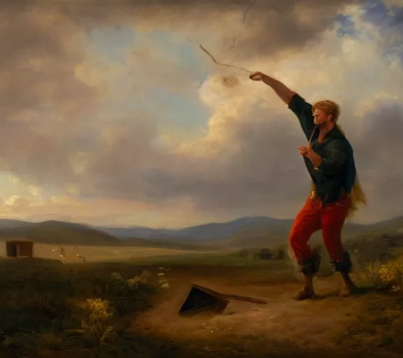 Prompt: landscape portrait of tyler childers throwing his money on a funeral pyre by william sidney mount, trending on artstation