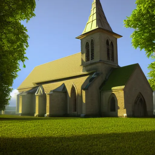 Prompt: church covered with vegetation volumetric lighting unreal engine vray tilt shift sun rays matte painting hyperrealism deviantart 8 k 3 d