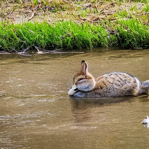 Image similar to high detailed photo of the river bank with a rabbit is relaxing near it and a duck floating by.