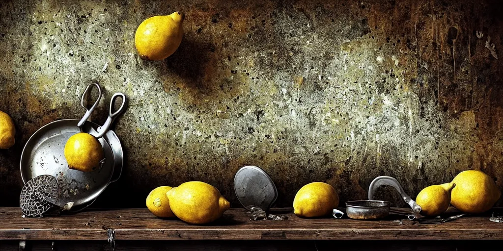 Image similar to decaying rotting lemons, moldy, on an antique distressed table top, metal kitchen utensils, old kitchen backdrop, dark kitchen, style by peter lippmann, intricate detail,