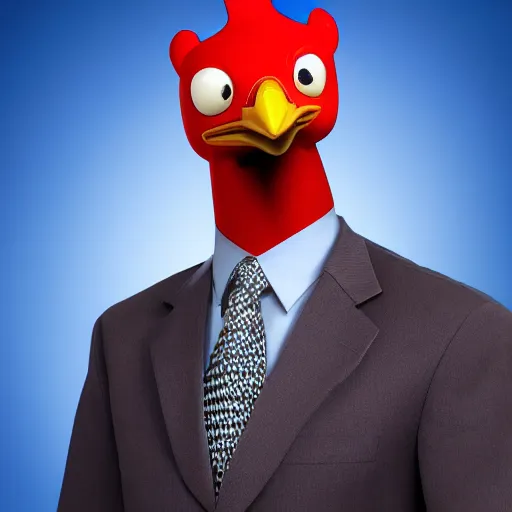 Prompt: a high quality photo of an antropomorphic chicken wearing a suit, 8k, digital art