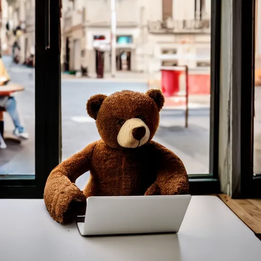 Image similar to teddy bear sitting in a cafe using a laptop, city streets in window, cinematic, highly detailed