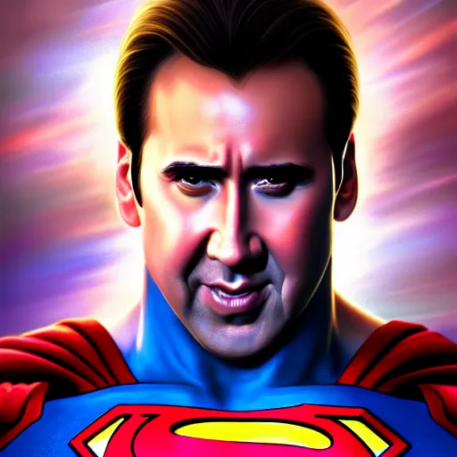 Image similar to portrait of nicolas cage as superman, intricate, elegant, highly detailed, digital painting, artstation, concept art, smooth, sharp focus, illustration, art by artgerm and greg rutkowski and alphonse mucha, 8 k