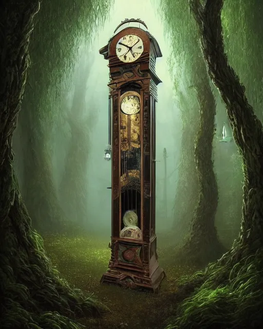 Image similar to highly detailed surreal vfx portrait of a cursed grandfather clock in a shadowy forest by a willow tree, stephen bliss, unreal engine, greg rutkowski, loish, rhads, beeple, makoto shinkai and lois van baarle, ilya kuvshinov, rossdraws, tom bagshaw, alphonse mucha, global illumination, detailed and intricate environment