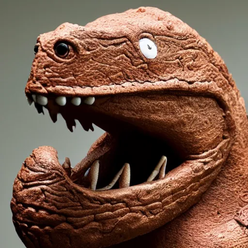 Prompt: close up photograph of a clay model of a cute dinosaur