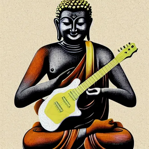 Image similar to buddha playin guitar with his band. symmetrical anatomy, very detailed design, complexity of the picture, with pop punk style, colorful, accompanied by body, pure image without duplication, trending dribble, drawn by vinicius gud and gustavo zambelli