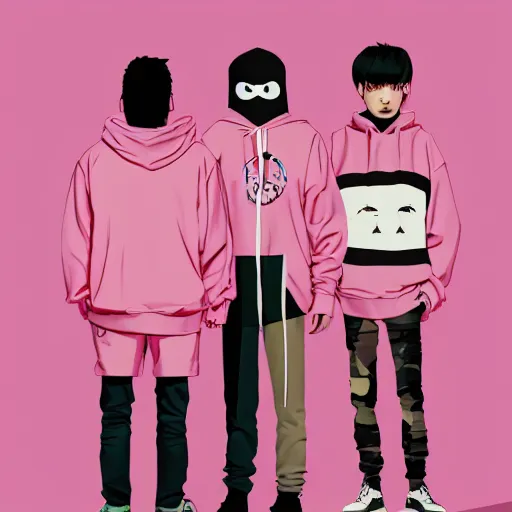 Prompt: bingo bango abstract hoodie on a set of twin ninja hypebeasts, by ilya kuvshinov and james jean and hiroya oku and gilleard james, artstation trending, 8 k, 3 d render, photorealistic, volumetric lighting caustics, pink