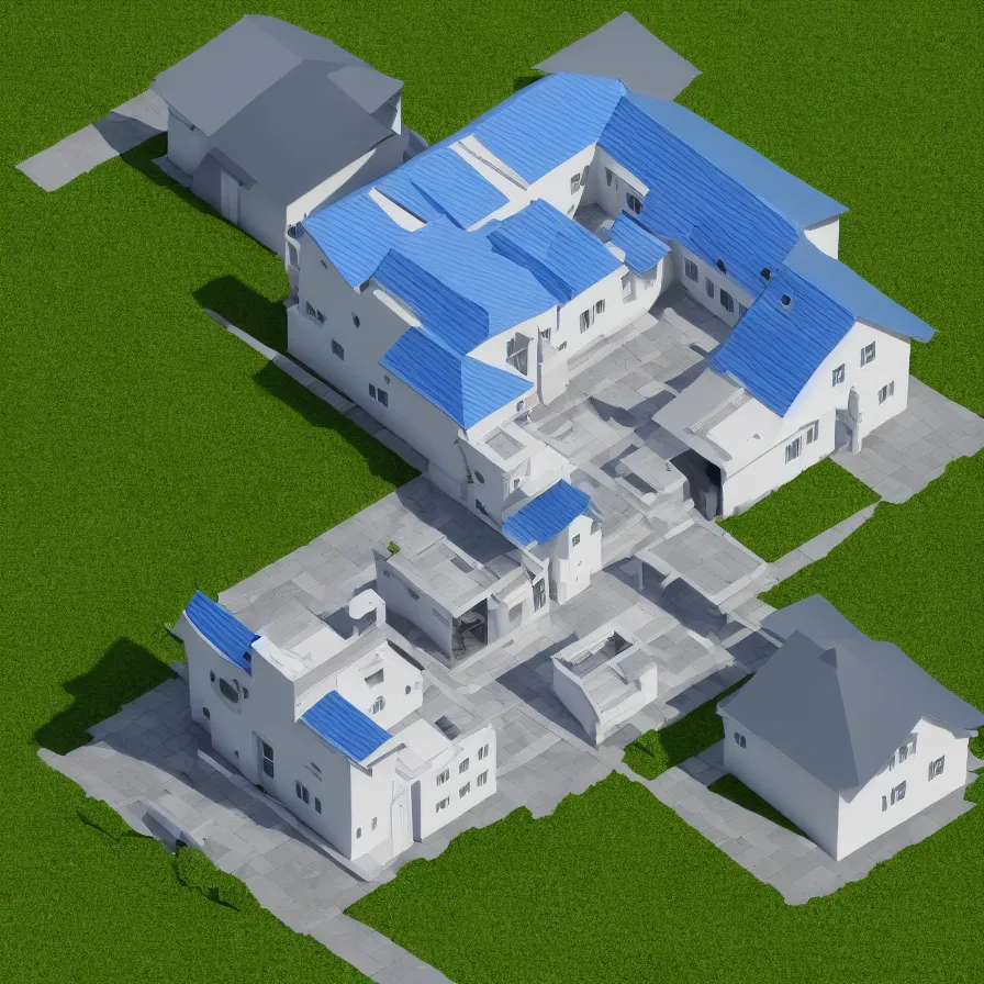 Prompt: architectural model, isometric view, 3 d render, studio lighting, high contrast, highly detailed, single building, house, courtyard, tree, blue