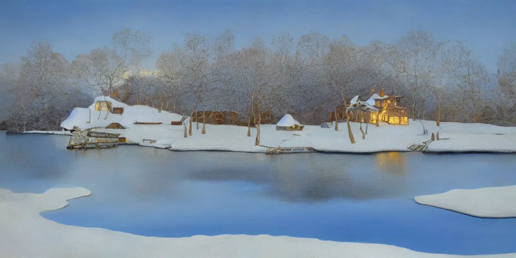 Image similar to an oil painting of a lakehouse in the winter painted by salvador dali, high detail,