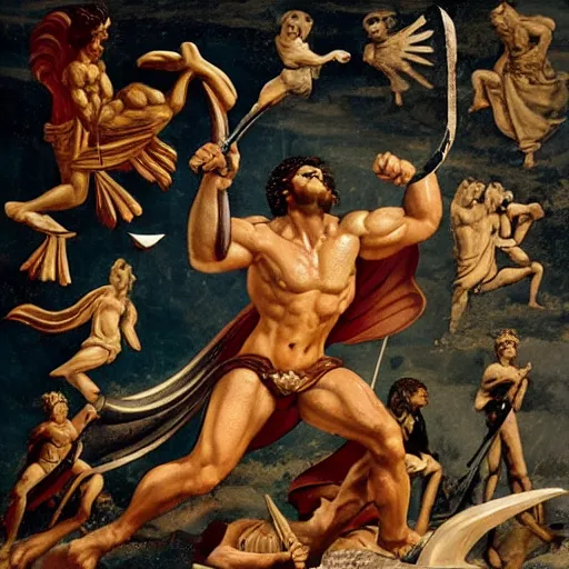 Image similar to The collage depicts the mythical hero Hercules in the moments after he has completed one of his twelve labors, the killing of the Hydra. Hercules is shown standing over the dead Hydra, his body covered in blood and his right hand still clutching the sword that slew the beast. His face is expressionless, betraying neither the exhaustion nor the triumph that must surely accompany such a feat. by Rob Gonsalves harrowing, harrowing