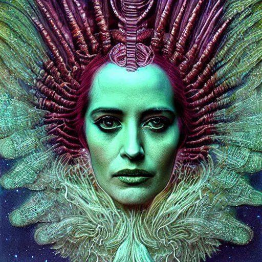 Image similar to cosmic horror eldritch lovecraftian close up portrait of eva green as the emerald queen of feathers by wayne barlowe, agostino arrivabene, denis forkas