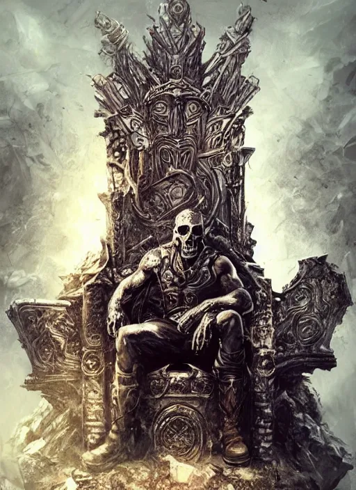 Image similar to the ruined king sitting on a throne made of skulls, concept art, digital illustration, trending on artstation, deviantart, artgerm, epic composition, masterpiece, highly detailed, perfect face, realistic face, wlop, ross draws