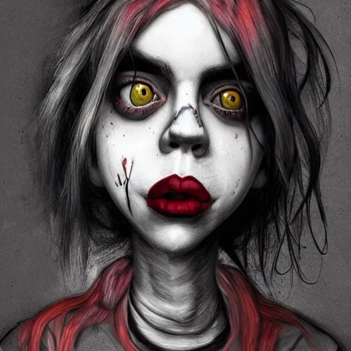Prompt: surrealism grunge cartoon sketch of billie eilish with a wide smile by - michael karcz, loony toons style, pennywise style, horror theme, detailed, elegant, intricate