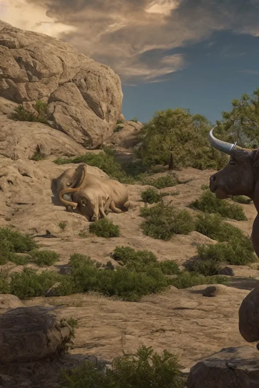 Image similar to an endless desert landscape with lush vegetation in the style of michelangelo with a stone statue of a bull placed in the middle of the foreground, raytracing, 8 k, octane render, volumetric, vivid, beautiful, hyperrealism