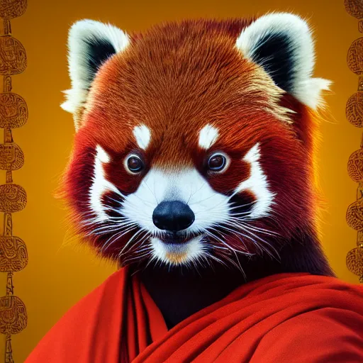 Image similar to highly detailed full body picture of a red panda in buddhist monk’s robes, concept art, digital art, studio lightning, bright colors, intricate, masterpiece, photorealistic, hiperrealistic, sharp focus, high contrast, intricate, Artstation HQ, DeviantArt trending, 4k UHD, Unreal Engine 5