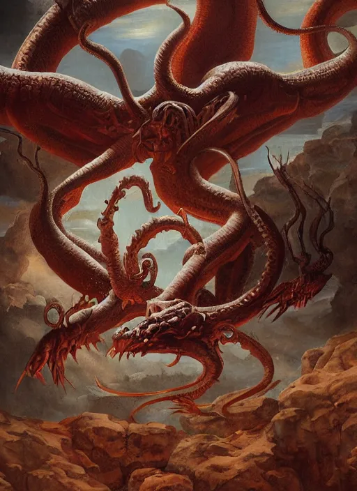 Image similar to highly detailed painting of the hydra, 4 k, lovecraftian, d & d, satanic, fantasy, intricate, digital painting, artstation, concept art, sharp focus, illustration, by michelangelo, by nicolas poussin