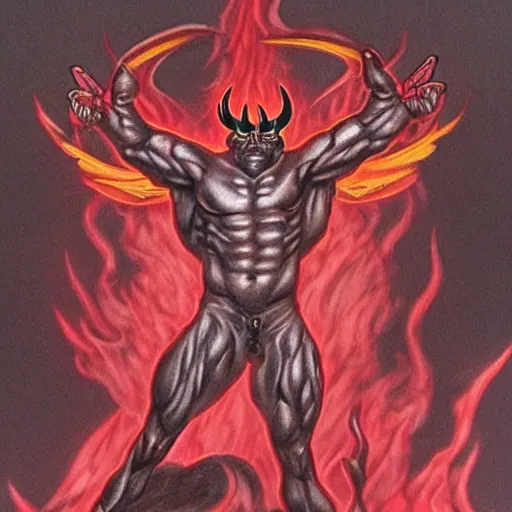 Image similar to full body drawing by Luke Starkie of a muscled horned Satan Devil, red flames in background