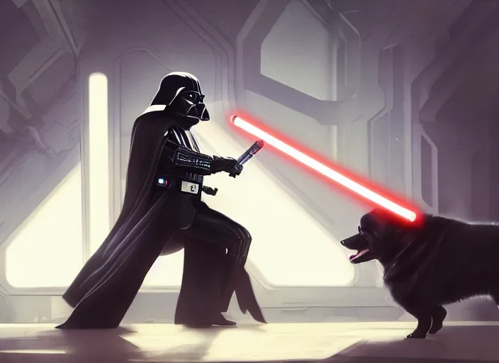 Image similar to a Photorealistic dramatic hyperrealistic render of darth vader with lightsaber drawn facing off against a calm cute corgi in battle, futuristic star wars vibe, by WLOP and Artgerm and Greg Rutkowski and Alphonse Mucha, Beautiful dynamic dramatic dark moody lighting, shadows, cinematic atmosphere, Artstation, concept design art, Octane render, 8K, masterpiece, sharp focus