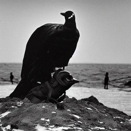 Prompt: a canada goose standing on darth Vader's shoulders in the death stat